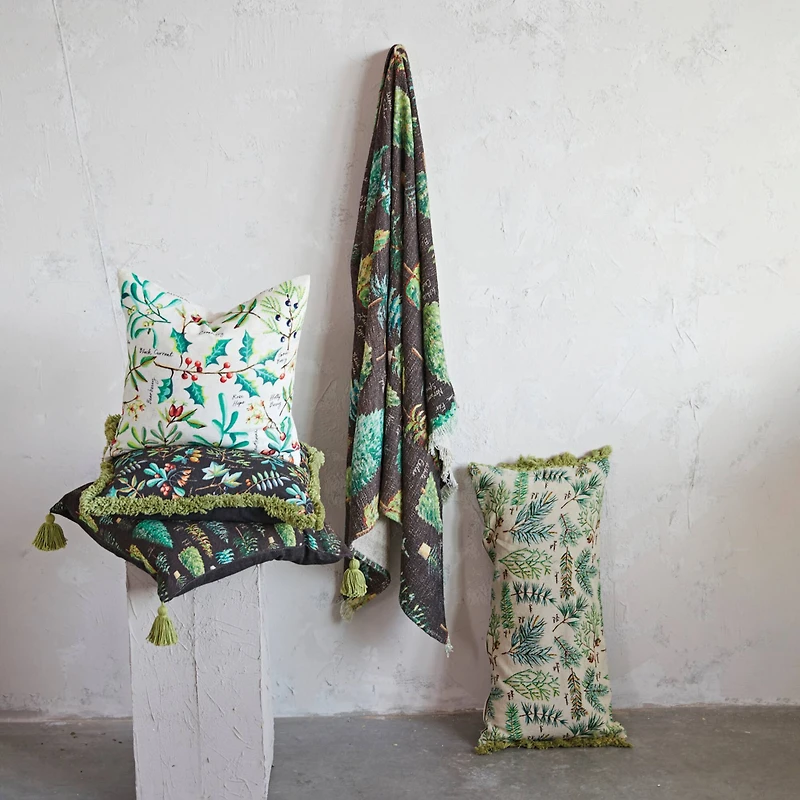 Hello Honey® 20" Evergreens Printed Two-Sided Viscose & Linen Pillow with Tassels
