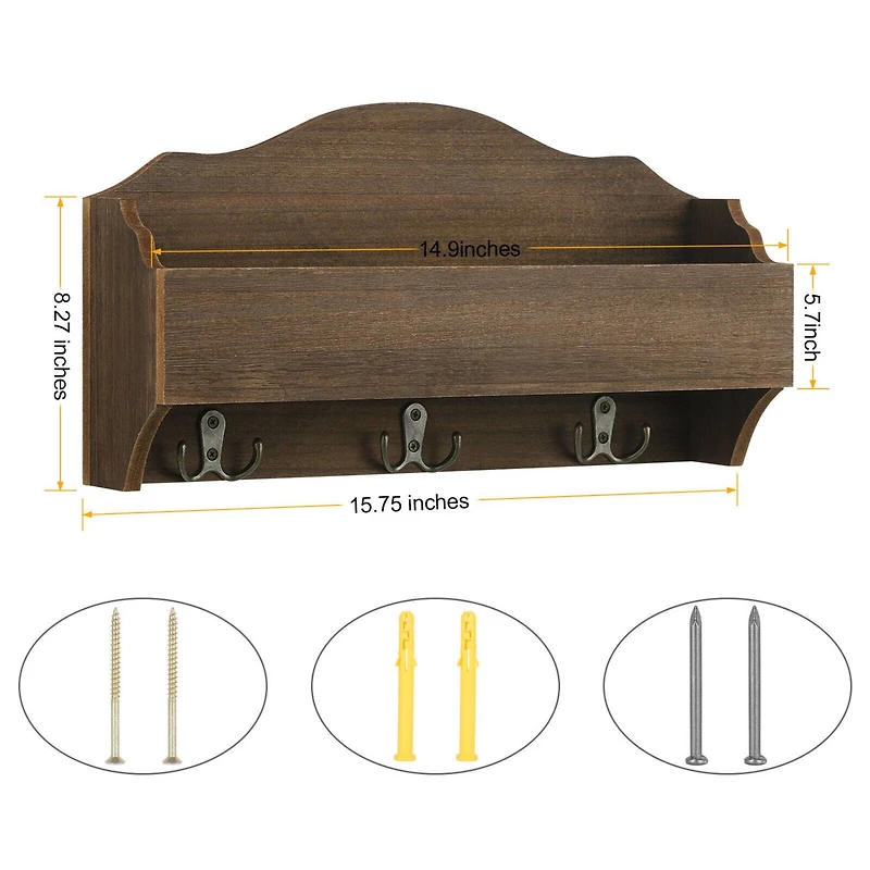 NEX™ Wooden Wall-Mounted Mail Sorter Hanging Rack with 3 Double Key Hooks