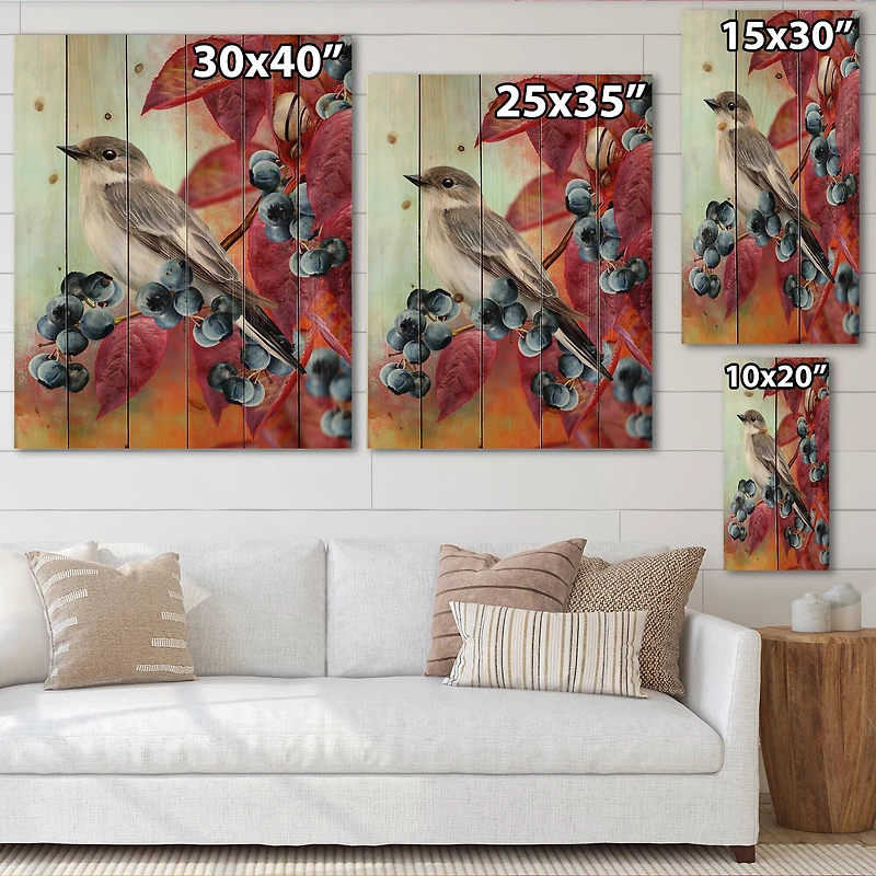 Designart - Little Gray Bird On Red Autumn On Blueberry Twig