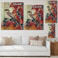 Designart - Little Gray Bird On Red Autumn On Blueberry Twig