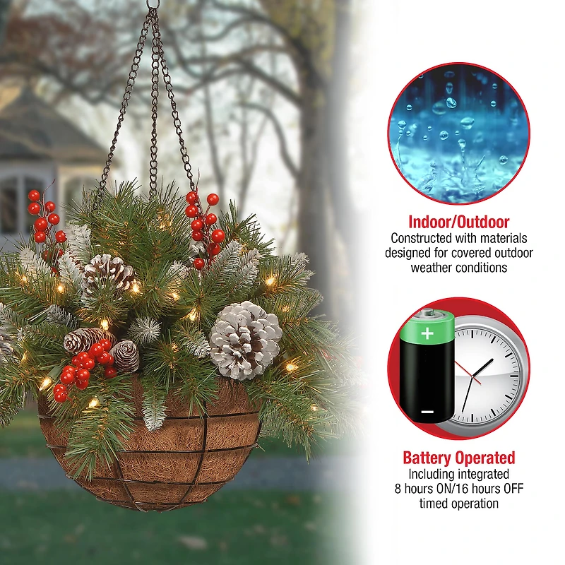 20" Pre-lit Frosted Berry Artificial Christmas Hanging Basket with Cones, Red Berries and Warm White LED Lights
