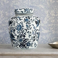 Hello Honey® 8" Blue & White Decorative Bird Ceramic Ginger Jar with Lid