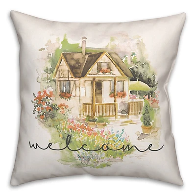 Welcome Watercolor Cottage Throw Pillow