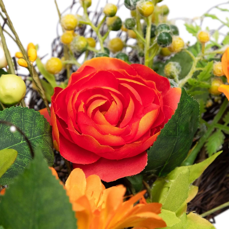 20" Orange & Yellow Ranunculus & Rose Spring Wreath