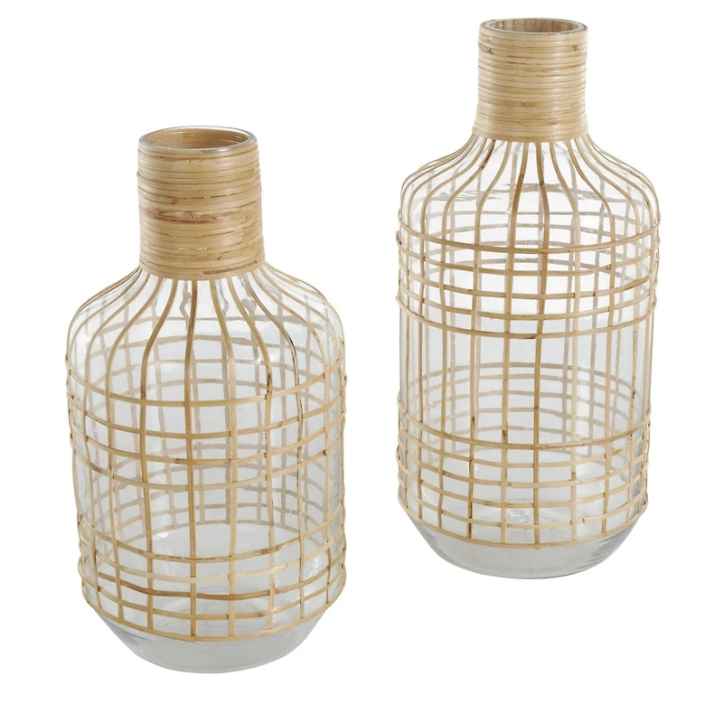 Clear Rattan Grid Wrapped Glass Vase Set