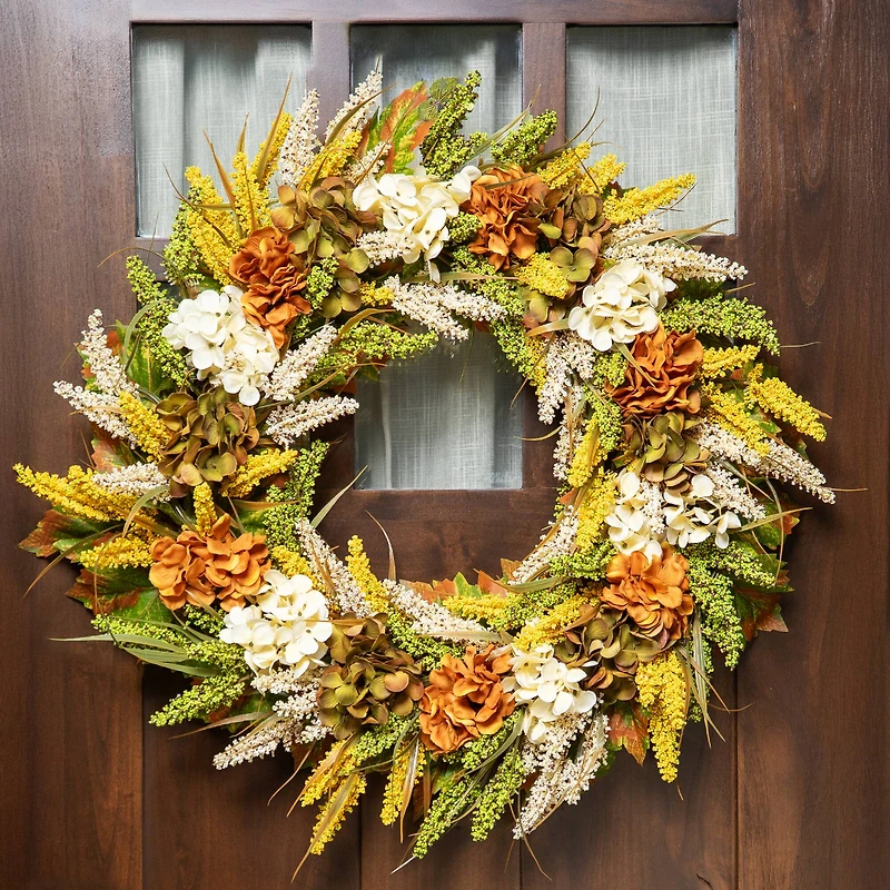 28" White & Orange Hydrangea Artificial Fall Harvest Twig Wreath