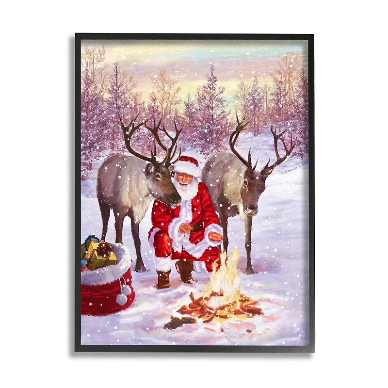 Stupell Industries Santa & Reindeer Bonfire Scene Framed Giclee Art