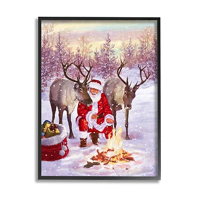 Stupell Industries Santa & Reindeer Bonfire Scene Framed Giclee Art