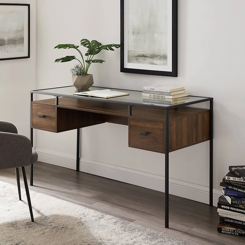 Walker Edison 56" Dark Walnut 2 Drawer Glass Top Desk