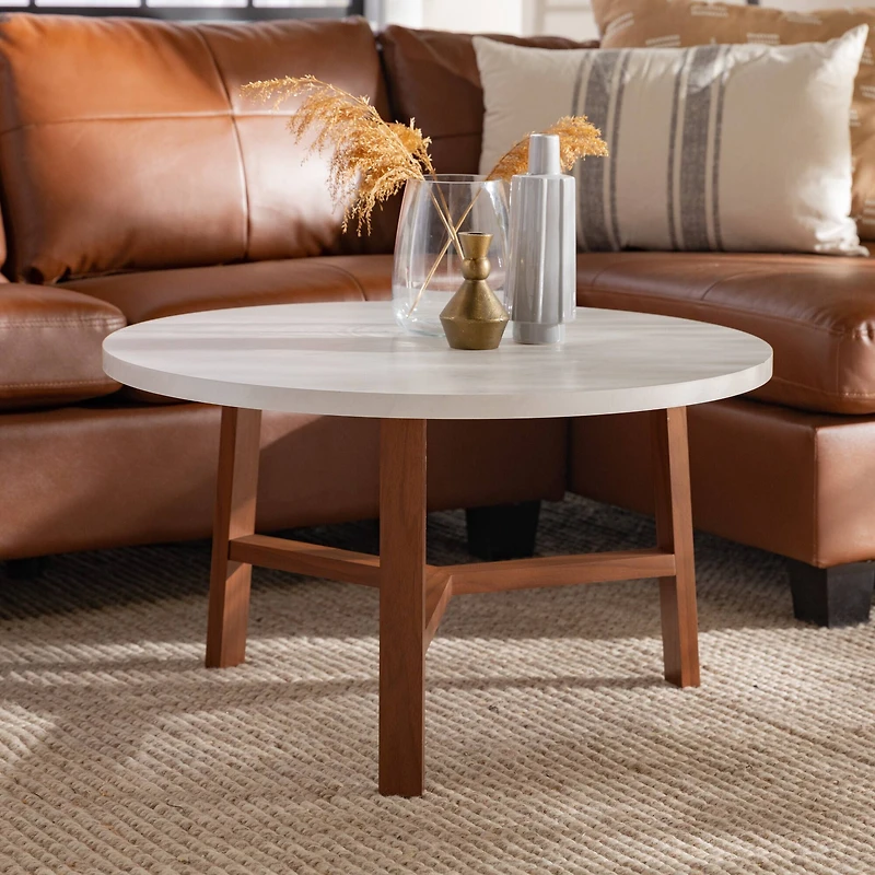 Faux White Marble & Acorn Mid-Century Modern Round Coffee Table