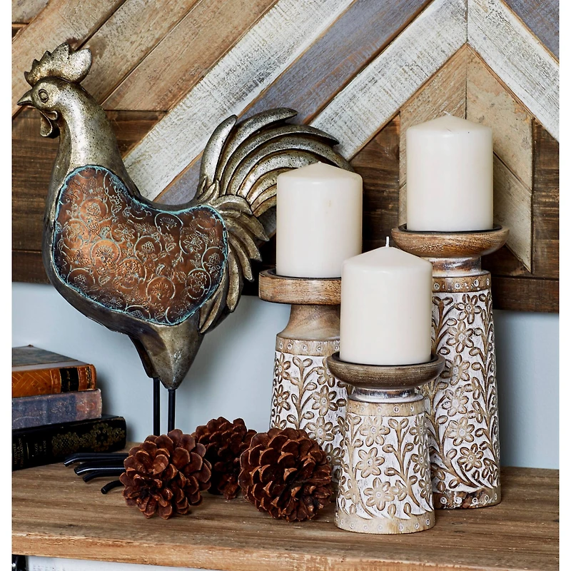 Brown & White Mango Wood Floral Candle Holder Set