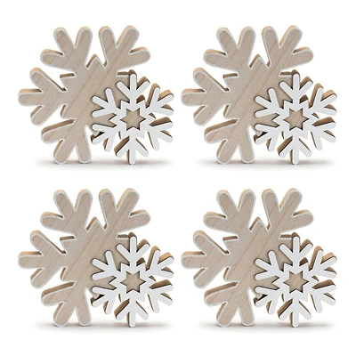 7" Natural & White Glittered Wood Snowflake, 4ct.