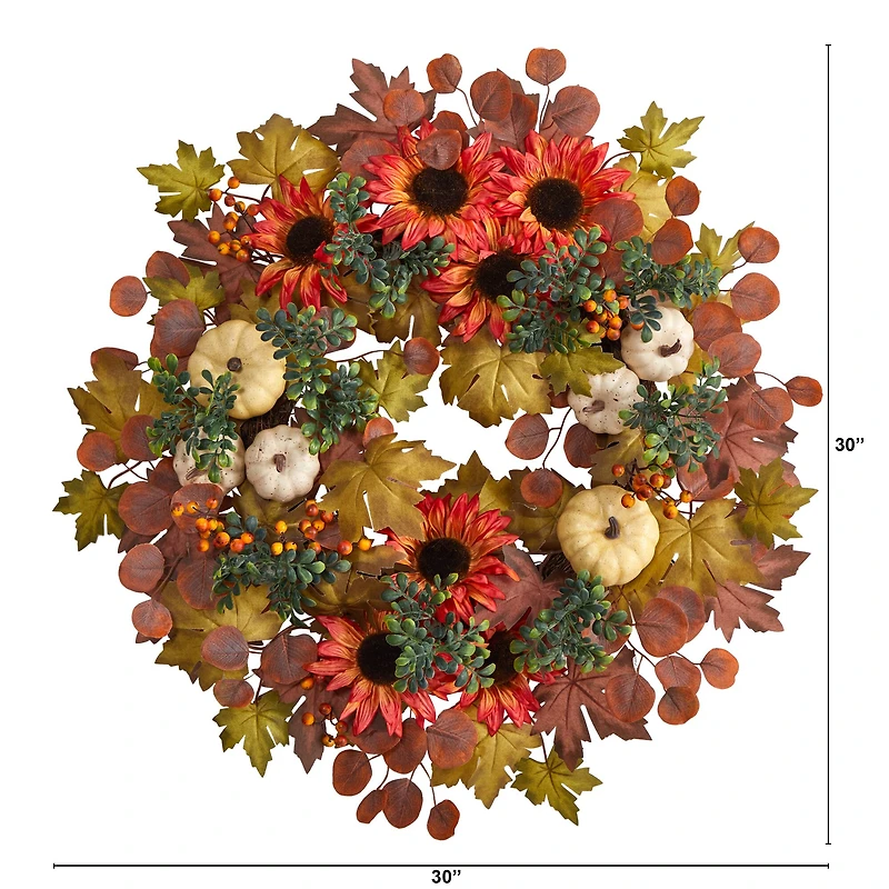 30" Fall Acorn, Sunflower, Berries & Autumn Foliage Wreath