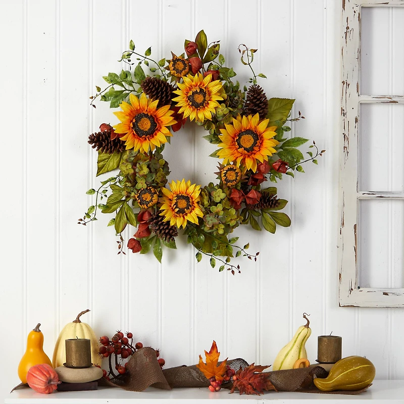 26" Hydrangea, Sunflower & Pinecones Artificial Autumn Wreath