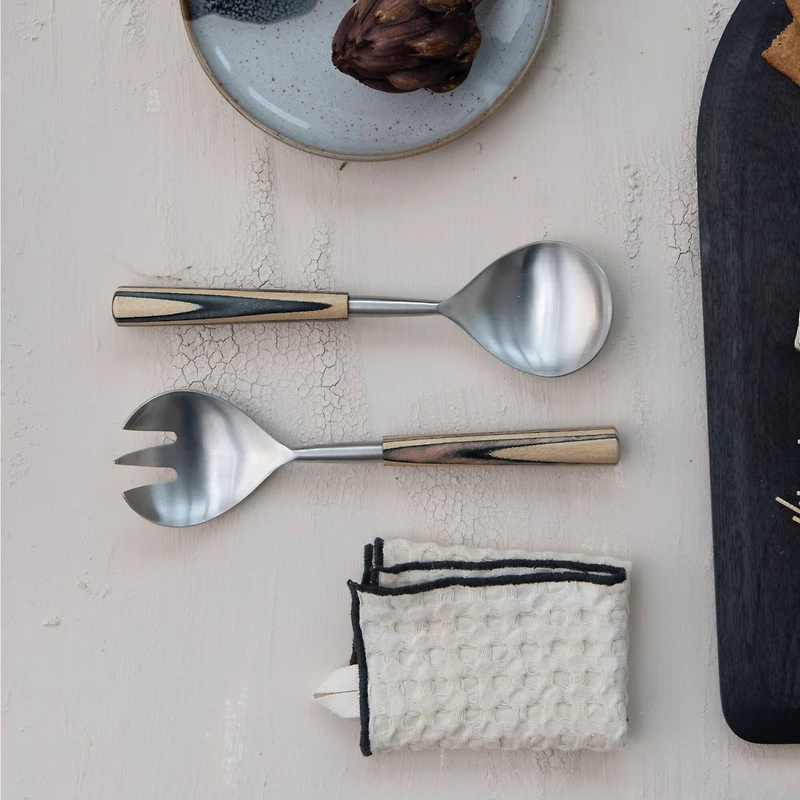 Hello Honey® 2-Piece Natural & Black Stainless Steel & Mango Wood Salad Servers with Handles & Design