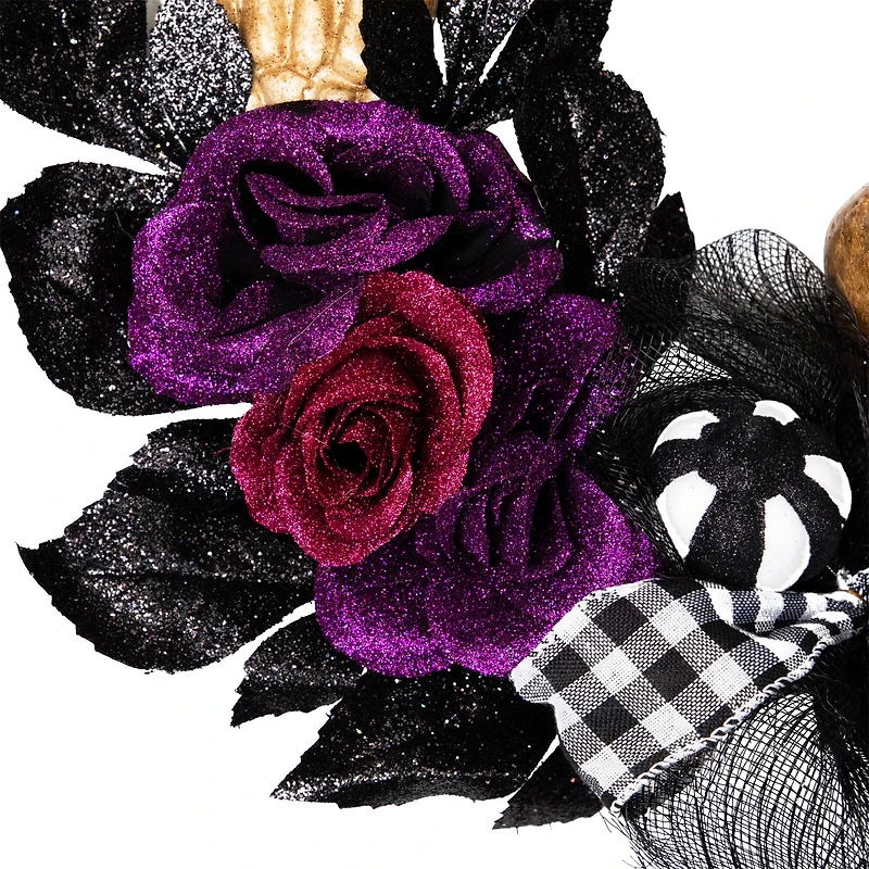 22" Skull with Hands & Purple Roses Halloween Twig Wreath