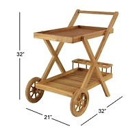 Brown Teak wood Traditional Outdoor Rolling Serving Cart, 32" x 32" x 21"