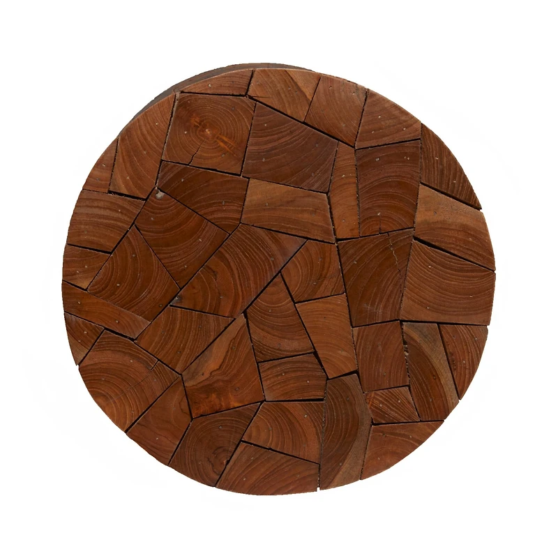 16.5" Round Block-Style Brown Teak Wood Mosaic Side Table