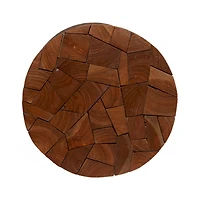 16.5" Round Block-Style Brown Teak Wood Mosaic Side Table