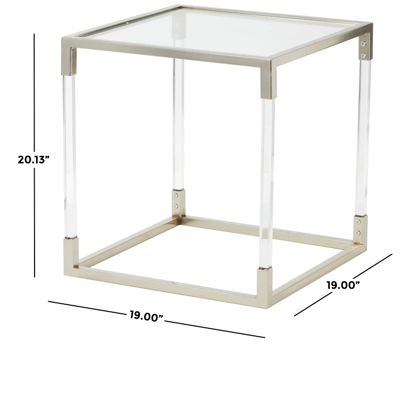 20.25" Silver Metal Floral Cube Shaped Accent Table with Clear Glass Top