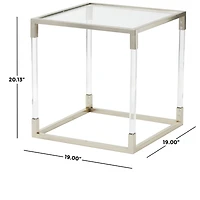 20.25" Silver Metal Floral Cube Shaped Accent Table with Clear Glass Top