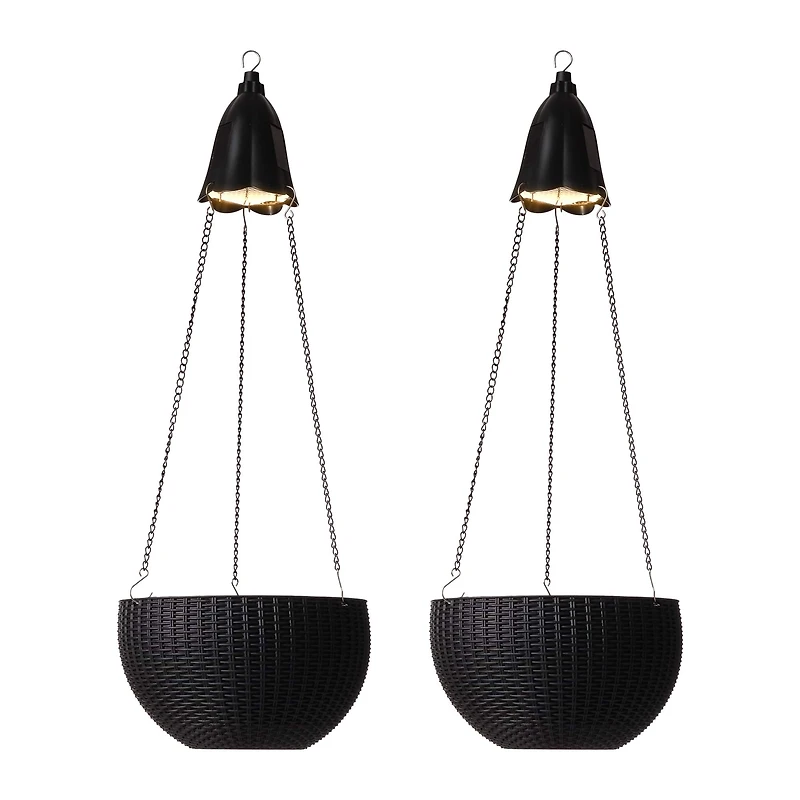 Glitzhome® 30" Black Solar Lighted Hanging Plastic Planters, 2ct.