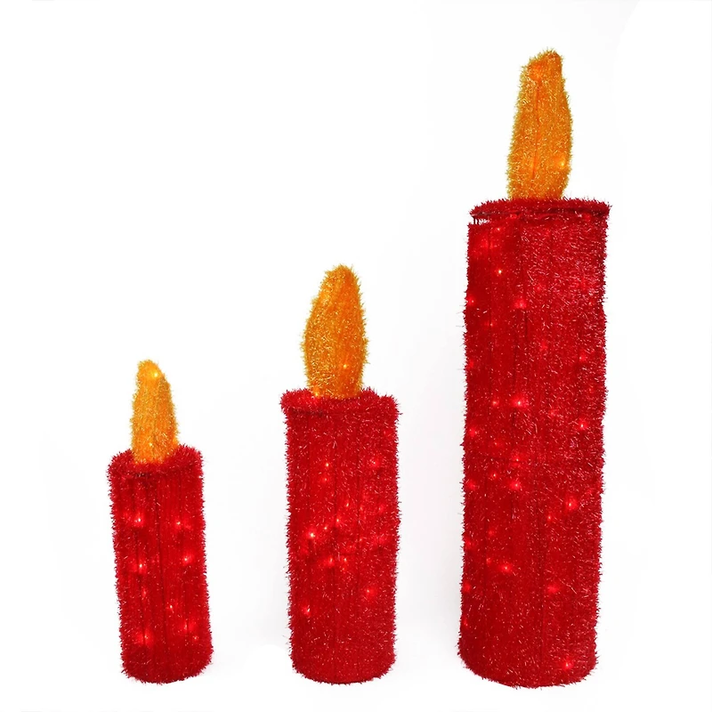Set of 3 Pre-Lit Red & Gold Tinsel Candle Christmas Yard Art Decorations