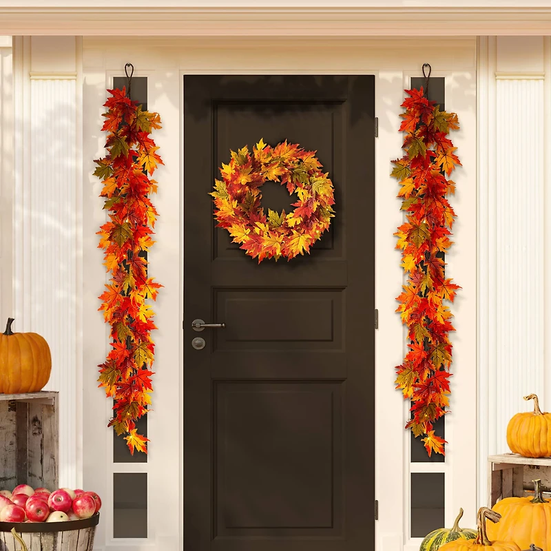 Glitzhome® Lighted Fall Maple Leaves Garland & Wreath Set