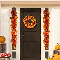 Glitzhome® Lighted Fall Maple Leaves Garland & Wreath Set