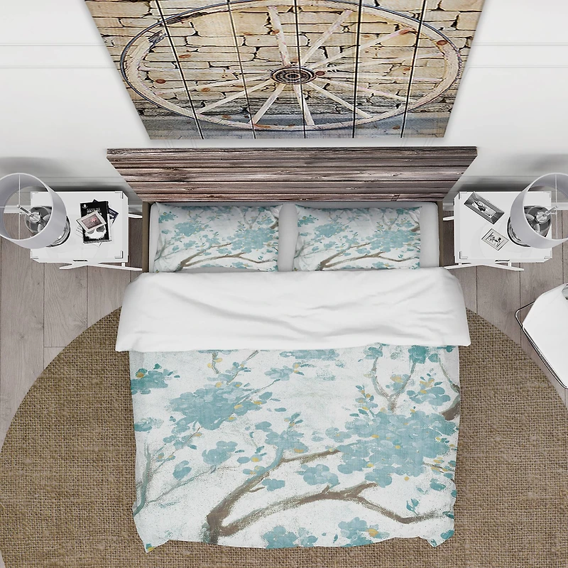 Designart 'Teal Cherry Blossoms I' Farmhouse Bedding Set