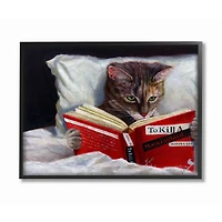 Stupell Industries Cat Reading a Book in Bed Funny Painting Black Framed Wall Art