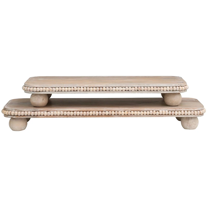 Light Brown Mango Wood Beaded Decorative Tray Set