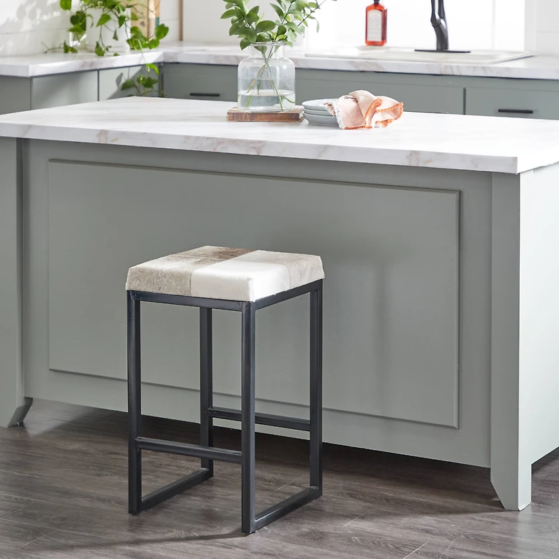 Black Iron and Leather Industrial Stool, 24" x 14" x 14"