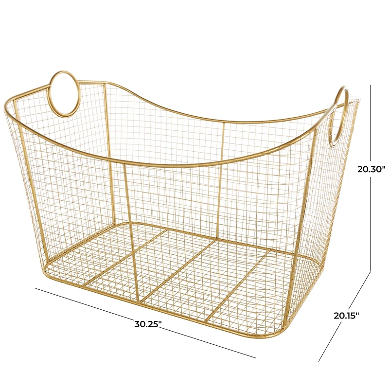 30.25" Gold Metal Geometric Wire Grid Basket with Curved Sides & Ring Handles