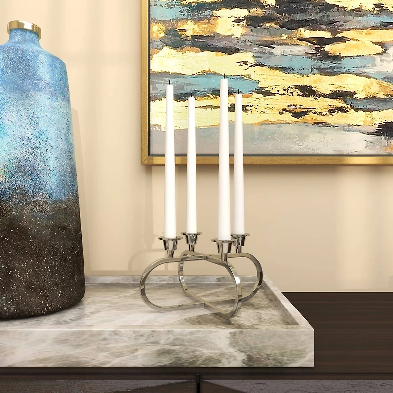 8" Silver Stainless Steel Overlapping Oval Geometric Candelabra