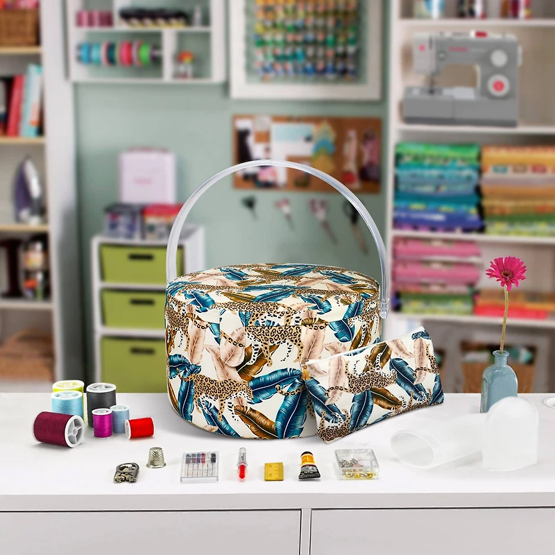 SINGER® Large Jungle Print Premium Round Sewing Basket with Travel Sewing Kit