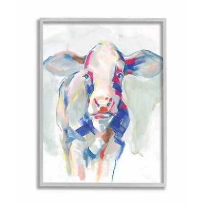 Stupell Industries Colorful Cow Animal Painting with Gray Frame Wall Accent