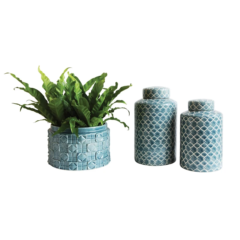 Hello Honey® 16" Blue & White Hand Painted Stoneware Jar with Lid