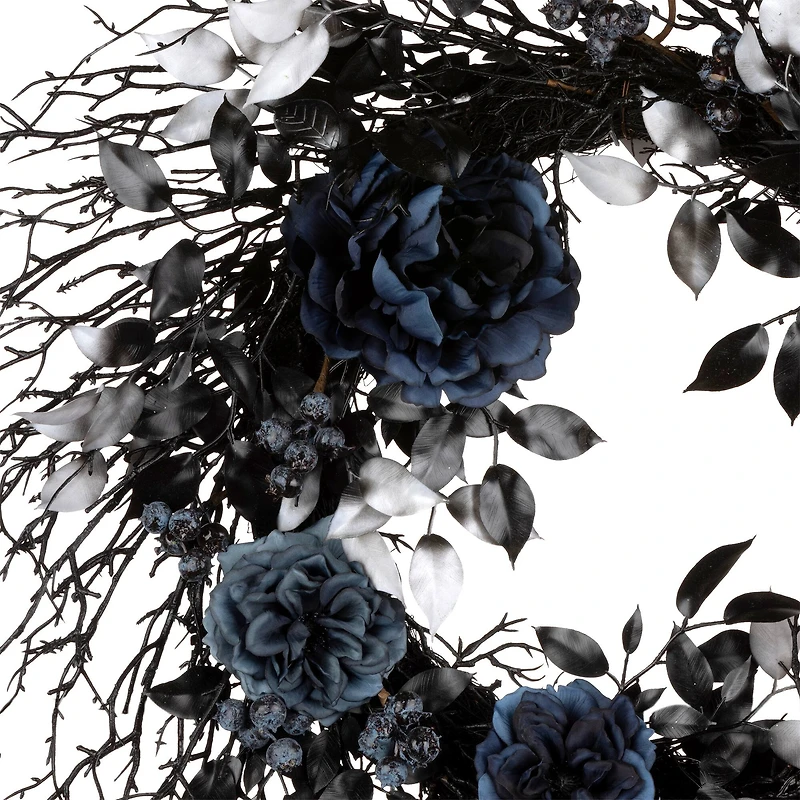 24" Halloween Moody Blue Rose & Twig Wreath
