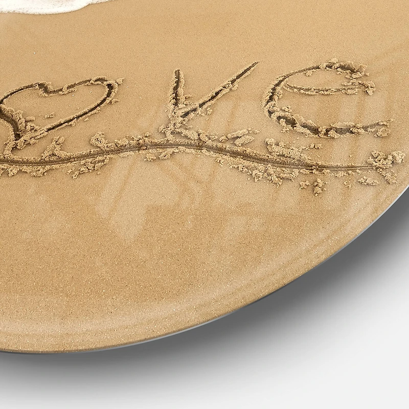 Designart - Love Written on Sandy Seashore' Seashore Metal Circle Wall Art