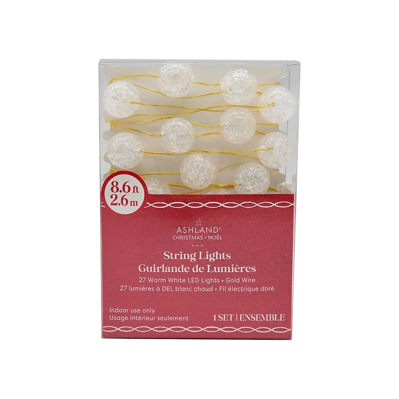 27ct. Warm White LED Clear Cracked Ball String Lights on Gold Wire by Ashland®
