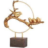 16" Gold Polystone Bird Family On A Branch Sculpture with Brown Block Base
