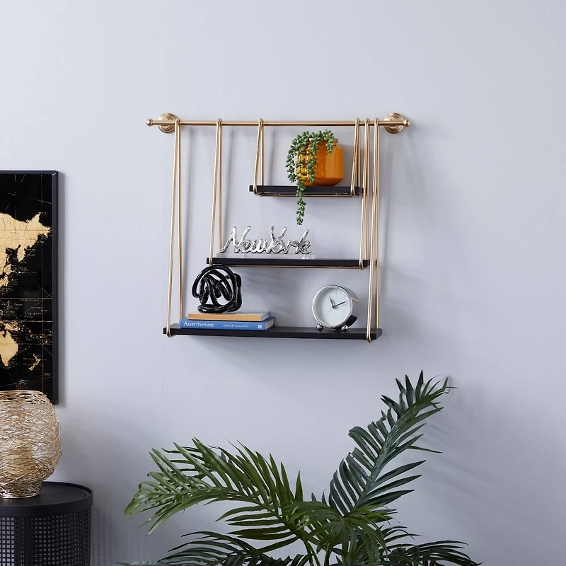 Gold Metal and Wood Modern Wall Shelves, 22" x 26" x 6"