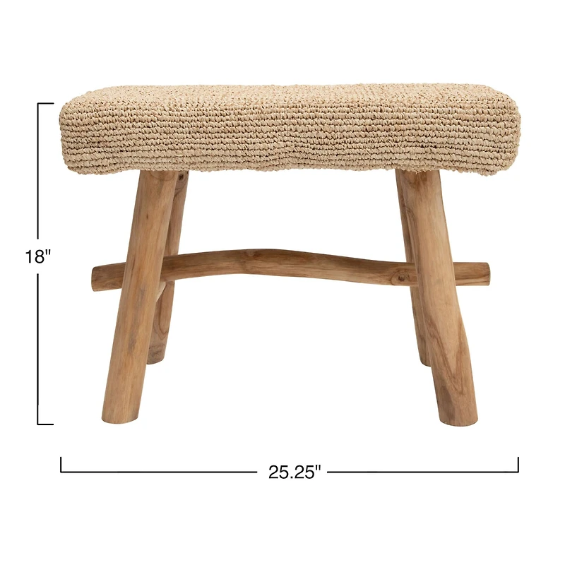 Hello Honey® 18" Woven Mendong Covered Stool with Teak Wood Legs