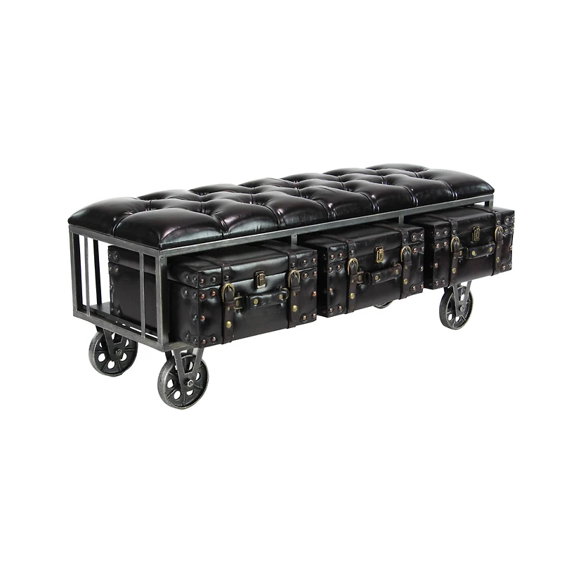 Industrial Rectangular Black Faux Leather and Wood Storage Bench, 19" x 47" x 16"