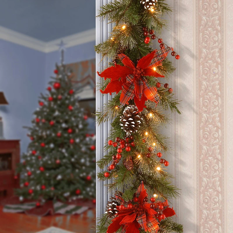 9' X 12" Pre-lit Decorative Collection Tartan Plaid Artificial Christmas Garland with Cones, Red Berries, Poinsettias and Soft White LED