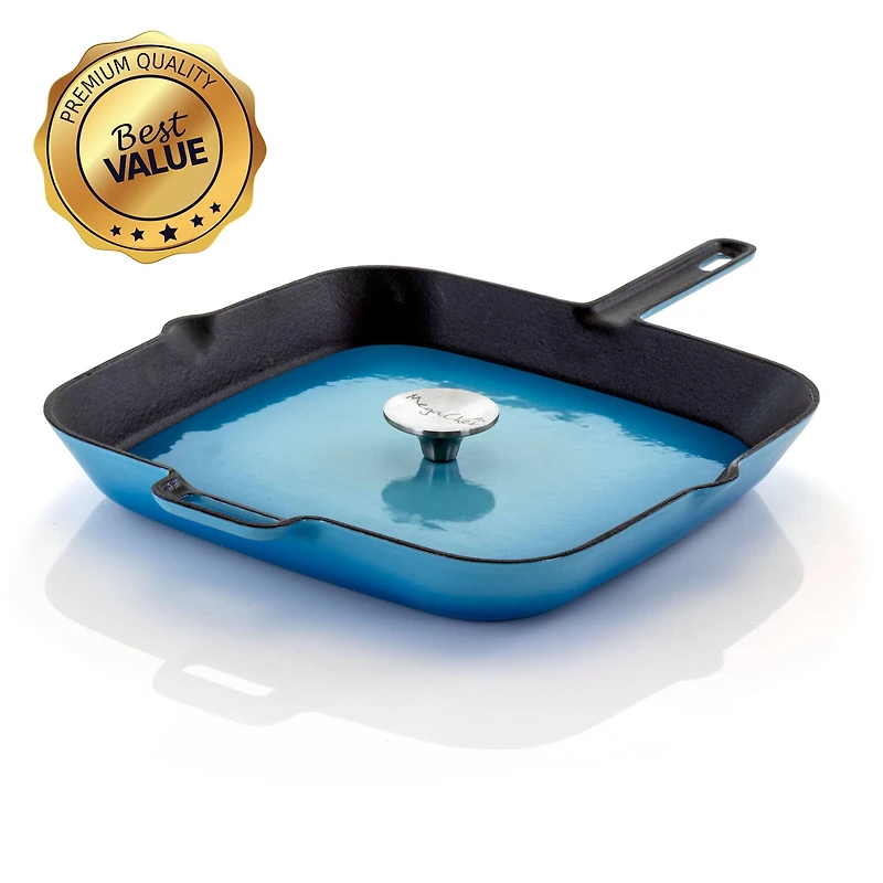MegaChef 11" Square Blue Enamel Cast Iron Grill Pan with Matching Grill Press
