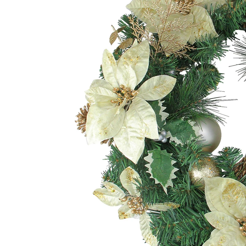 24" Pre-Decorated Gold Poinsettia & Ball Artificial Wreath