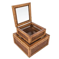 Hello Honey® Dark Brown Modern Decorative Square Woven Rattan & Wood Display Box Set with Glass Top