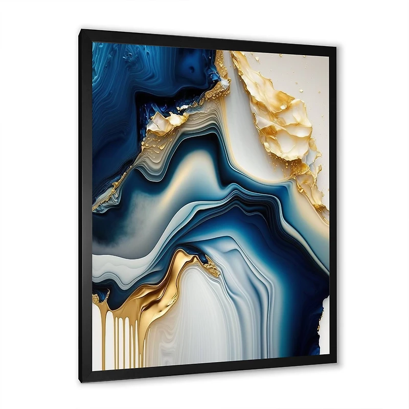 Designart 'Abstract Geode Gold And Blue Marble II' Marble Abstract Framed Canvas Wall Art